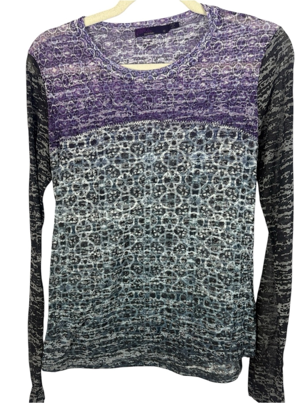 prAna Breathe Geometric Medallion Burnout Long Sleeve Top Purple Gray Size M